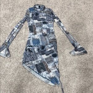 Stylish Blue and Gray Patterned Dress